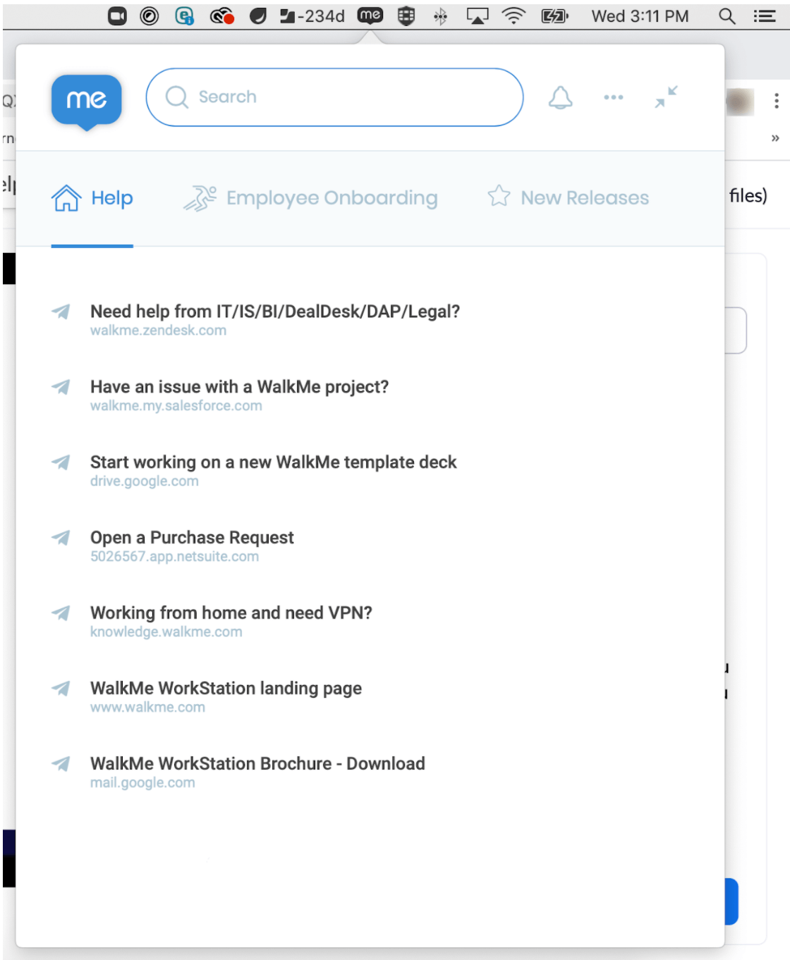 サポートメニューの表示ポップアップ