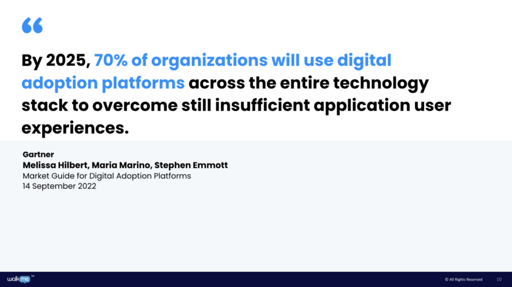 "By 2025, 70% of organizations will use digital adoption platforms across the entire technology stack to overcome still insufficient application user experiences." - Gartner Melissa Hilbert, Maria Marino, Stephen Emmott Market Guide for Digital Adoption Platforms 14 September 2022