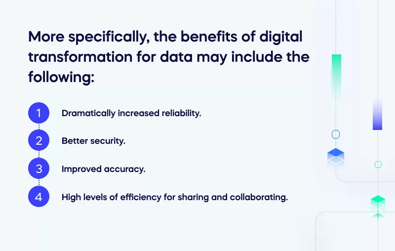 More specifically, the benefits of digital transformation for data may include the following_