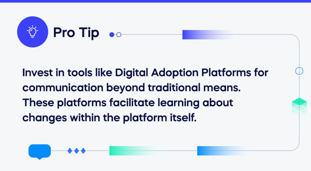 Invest in tools like Digital Adoption Platforms for communication beyond traditional means. These platforms facilitate learning about changes within the platform itself. (1)