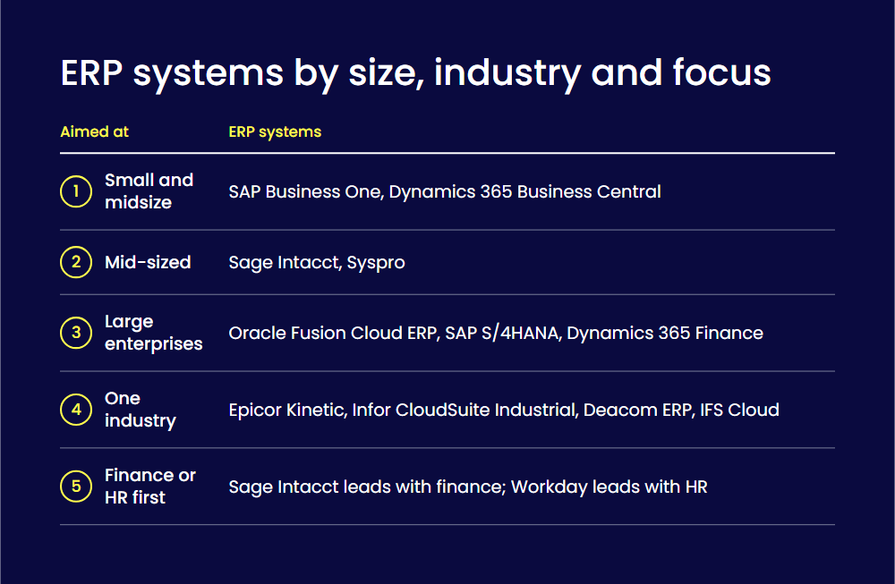 ERP systems by size, industry and focus